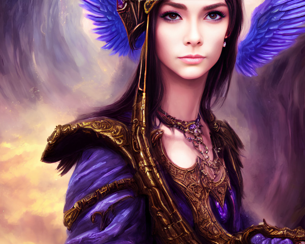 Fantasy digital artwork of female character with blue feathered ears and purple-gold armor