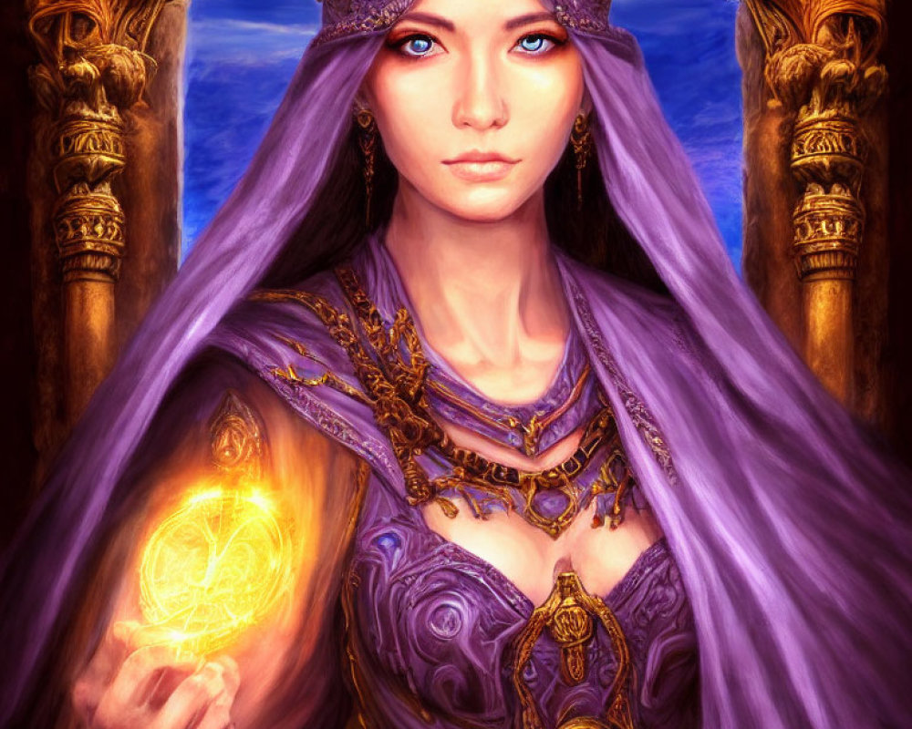 Regal woman in purple and gold gown with glowing magical symbol