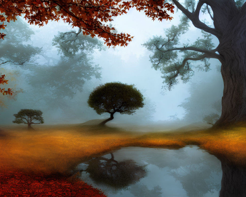 Mystical autumn forest with fog, reflective pond, vibrant red and orange trees