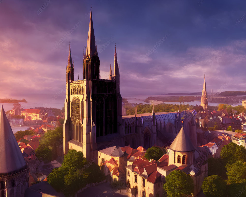Historic city sunrise panorama: Gothic cathedrals, terracotta rooftops, river,