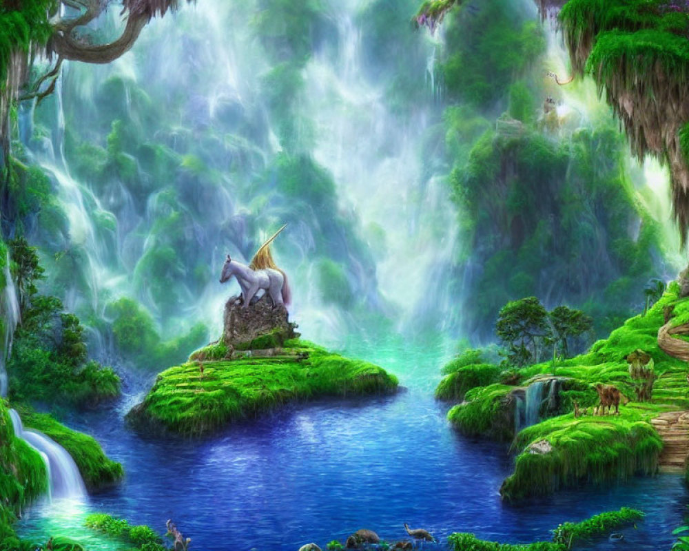 Mystical forest scene with unicorn on island
