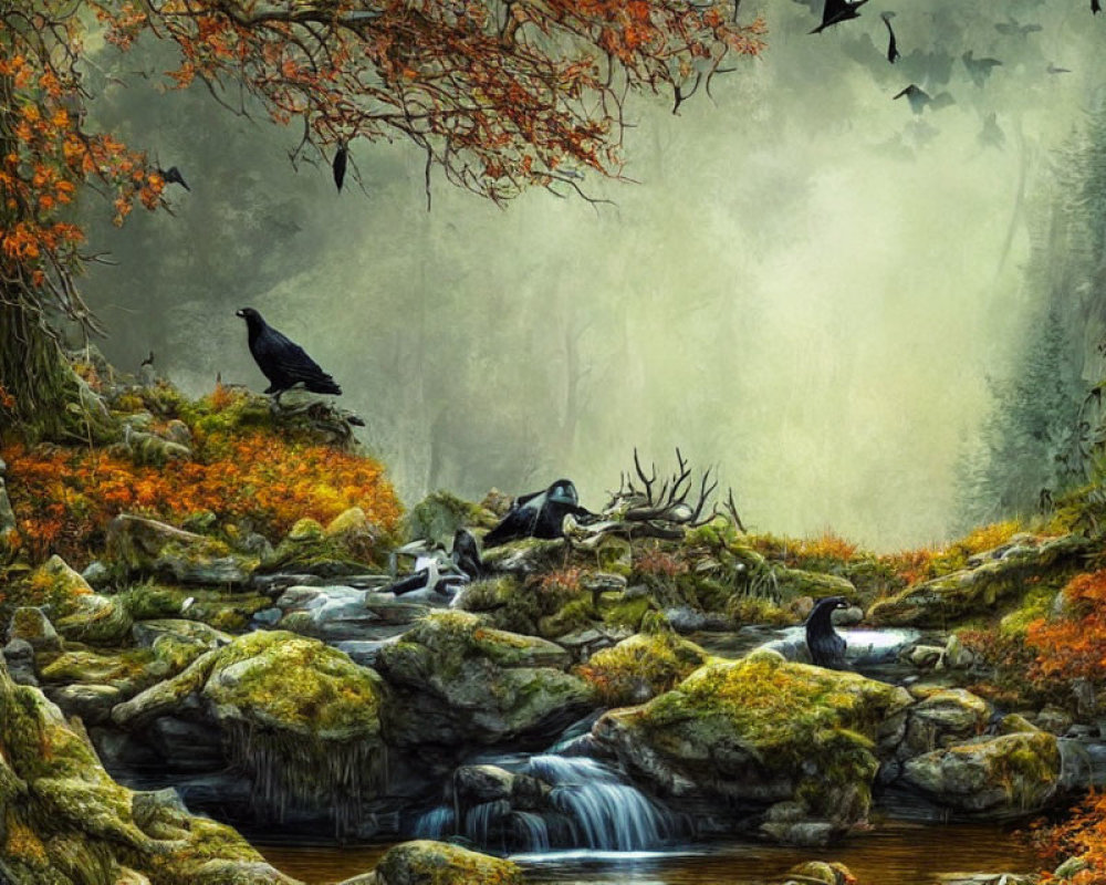 Mystical forest scene with crow, stream, mist, autumn leaves