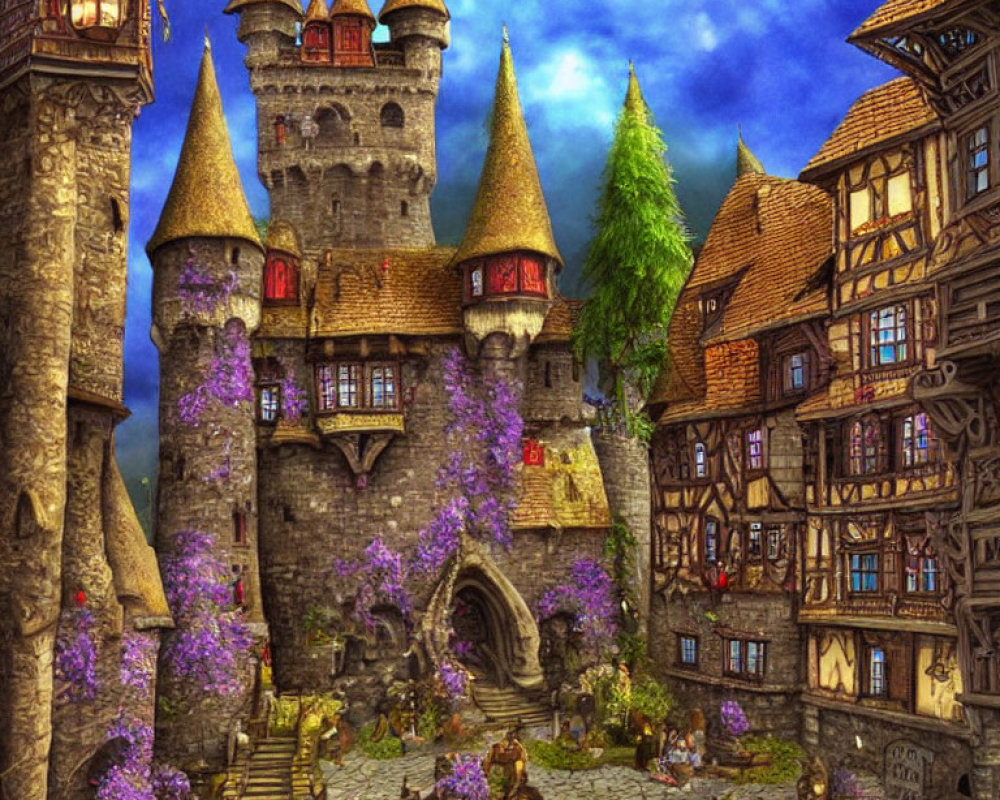 Fantasy artwork: Castle with turrets, medieval houses, cobblestone paths, and purple flowers