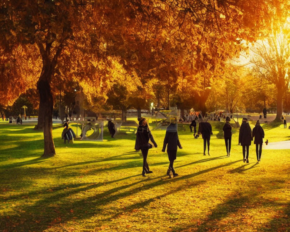 Park scene: People walking among golden autumn leaves at sunset