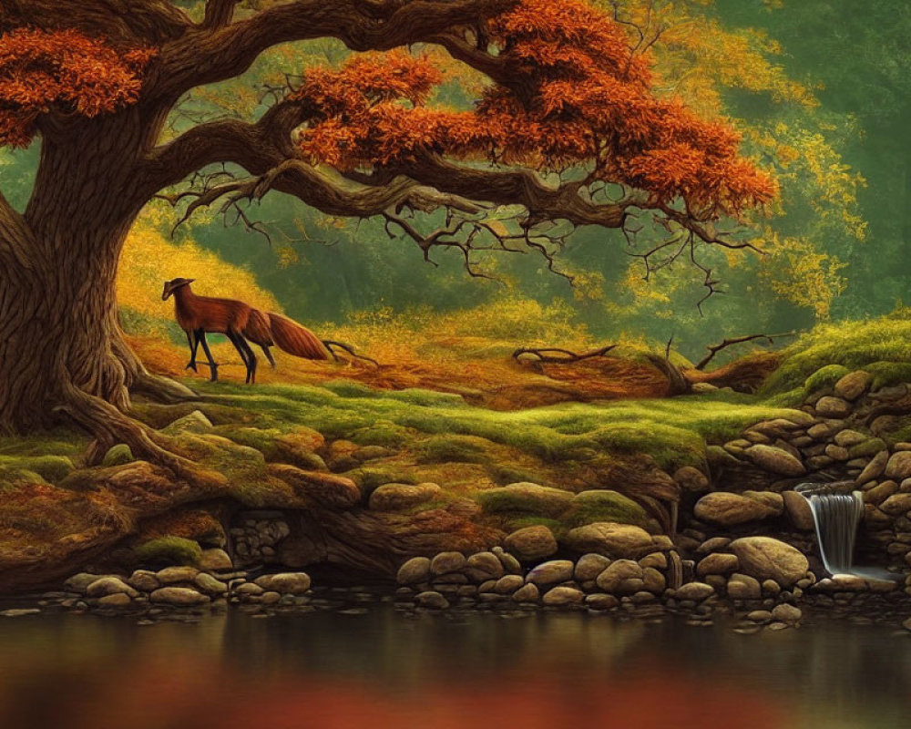 Tranquil stream scene with horse, waterfall, rocks, and autumn tree