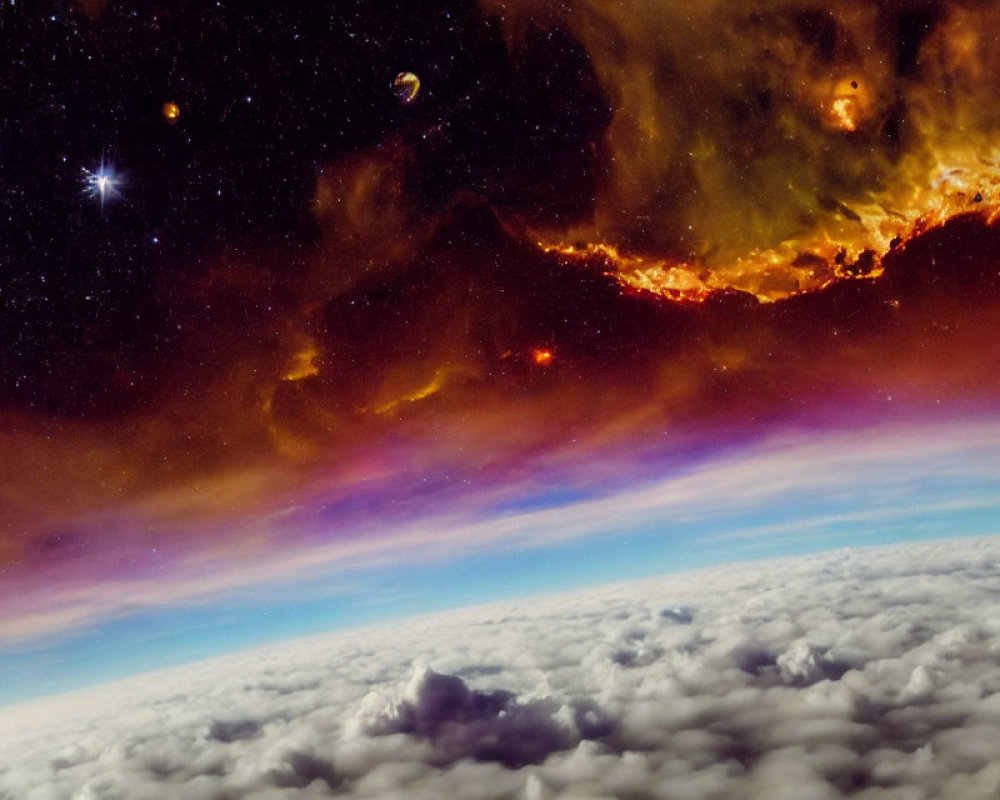 Composite Image: Earth's Horizon with Nebula, Stars, and Planets