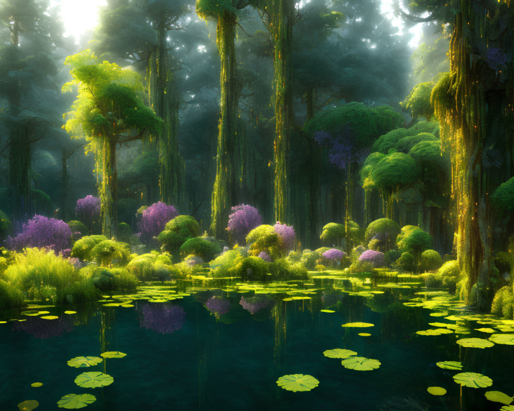 Tranquil forest with towering trees, sunlight, greenery, flowers, and serene pond