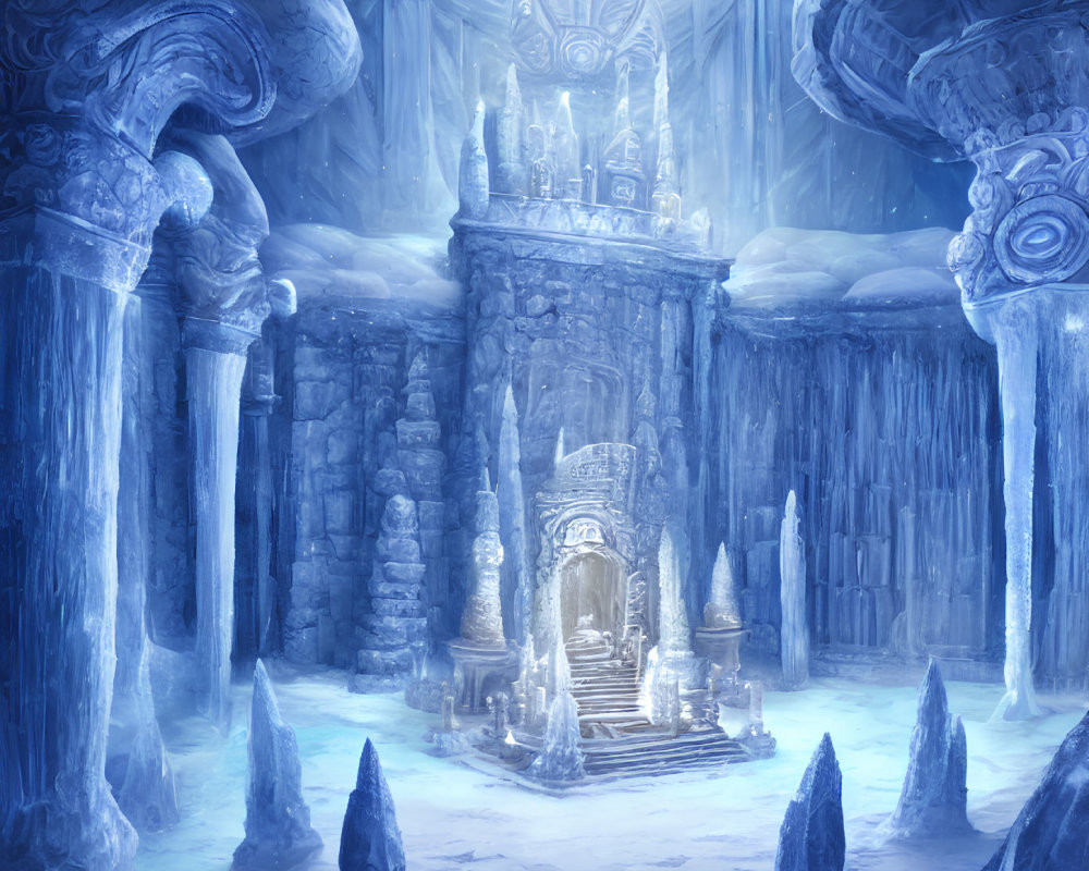 Fantasy palace with frozen pillars, throne, candles in blue hue