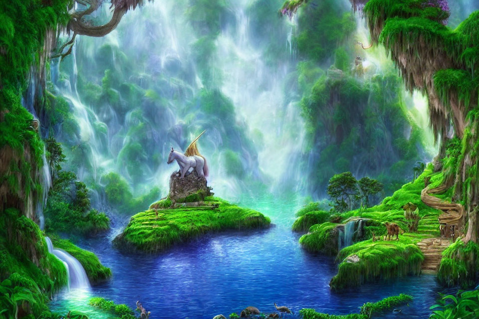 Mystical forest scene with unicorn on island