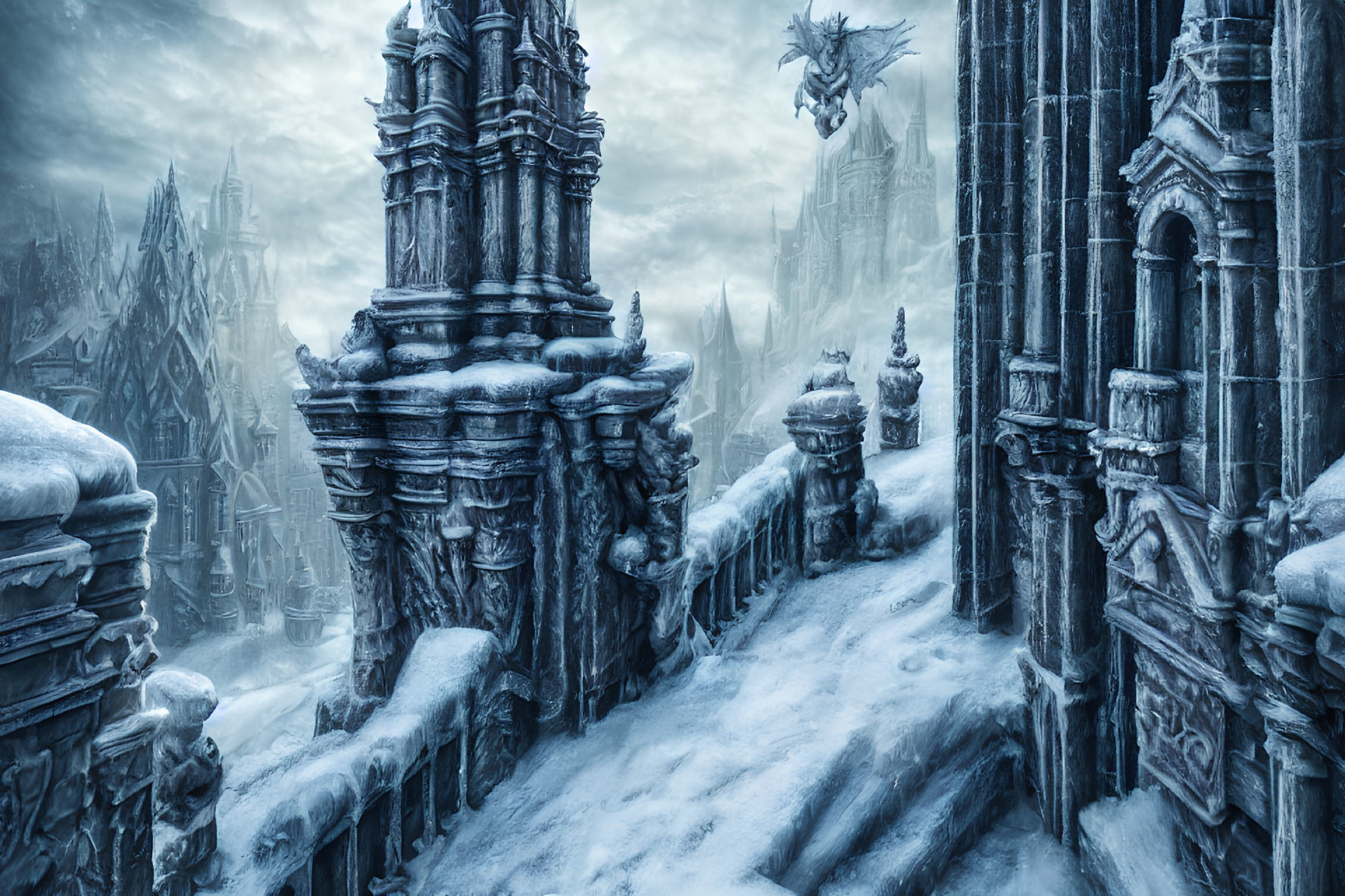 Snowy gothic architecture with dragon flying over frozen city