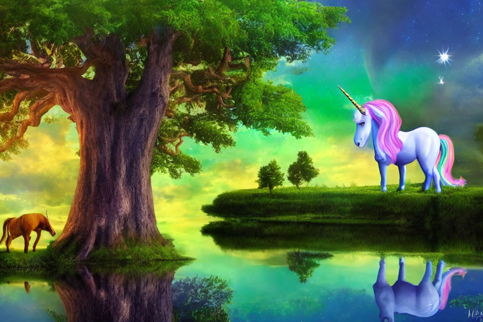 Fantasy landscape with unicorn, lake, trees, horse, and starlit sky