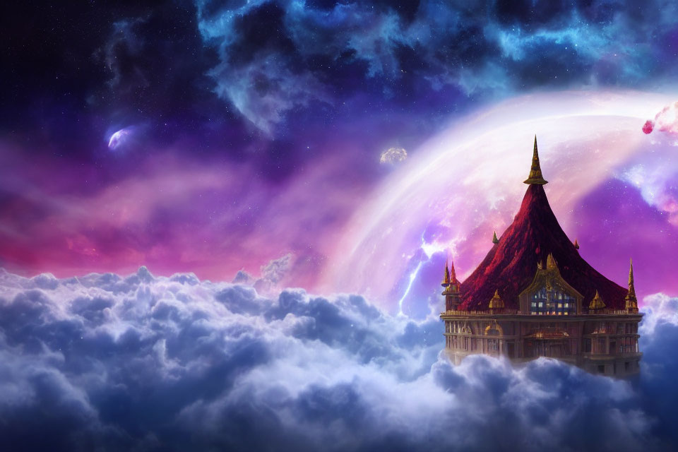 Fantastical palace on clouds with vibrant cosmic backdrop.