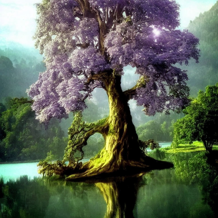 Majestic large tree with purple foliage reflected in serene lake