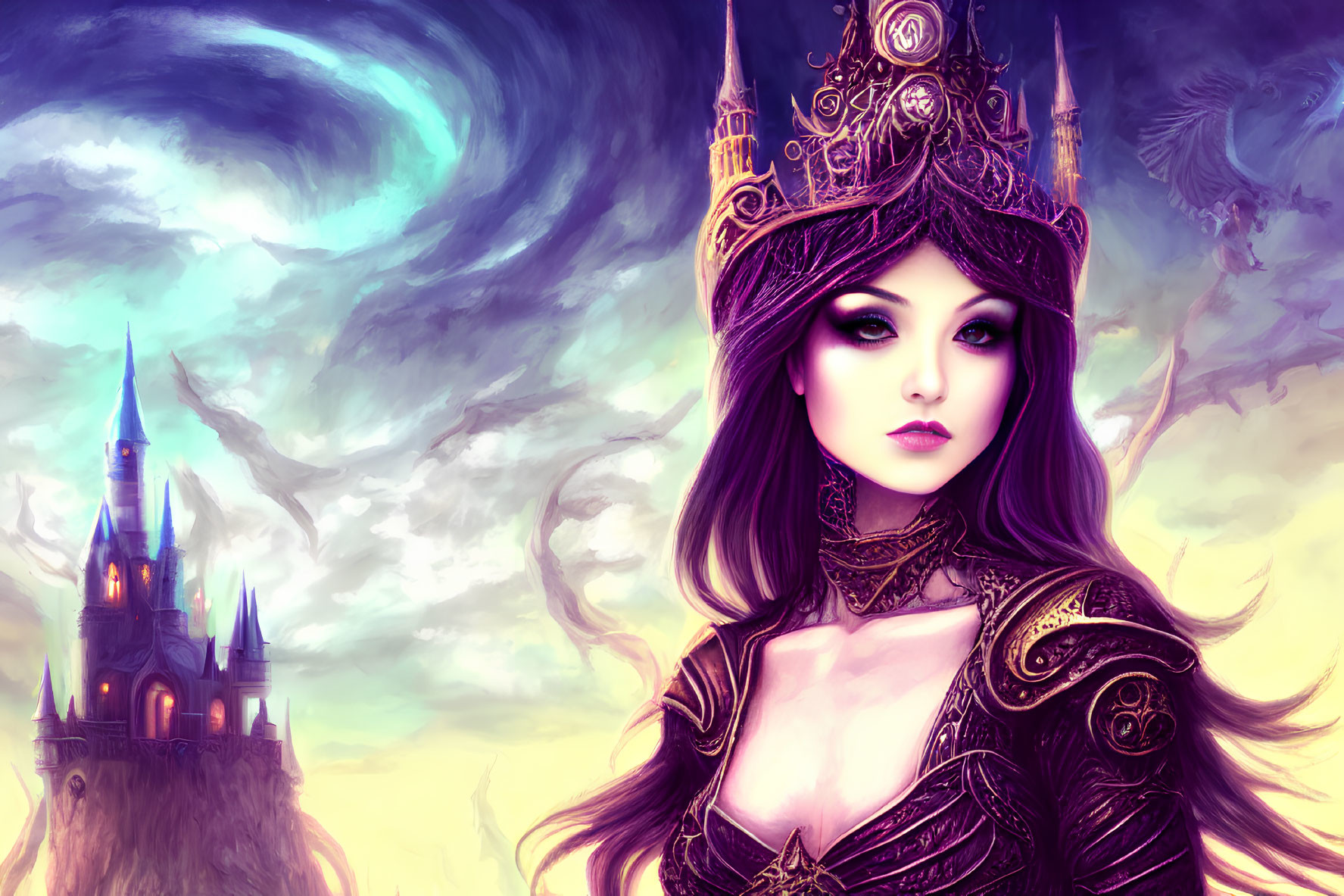 Fantasy painting of regal woman with crown and castle in mystical sky