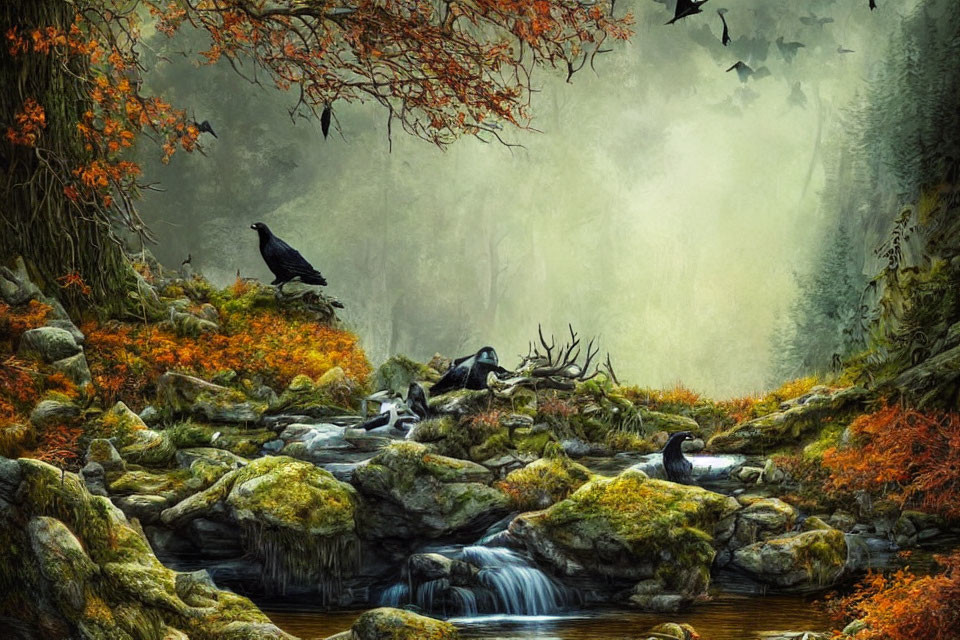 Mystical forest scene with crow, stream, mist, autumn leaves