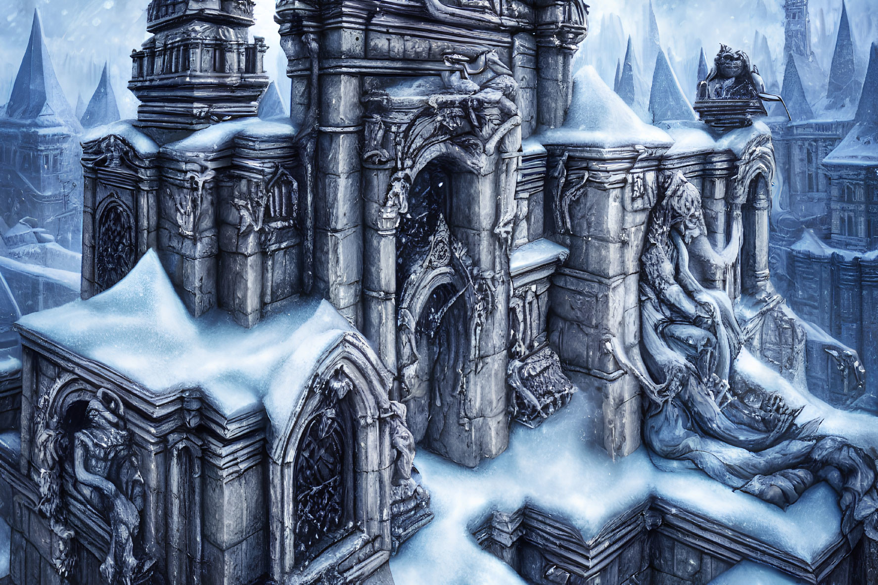 Snow-covered gothic structure with dragon statues in a blizzard