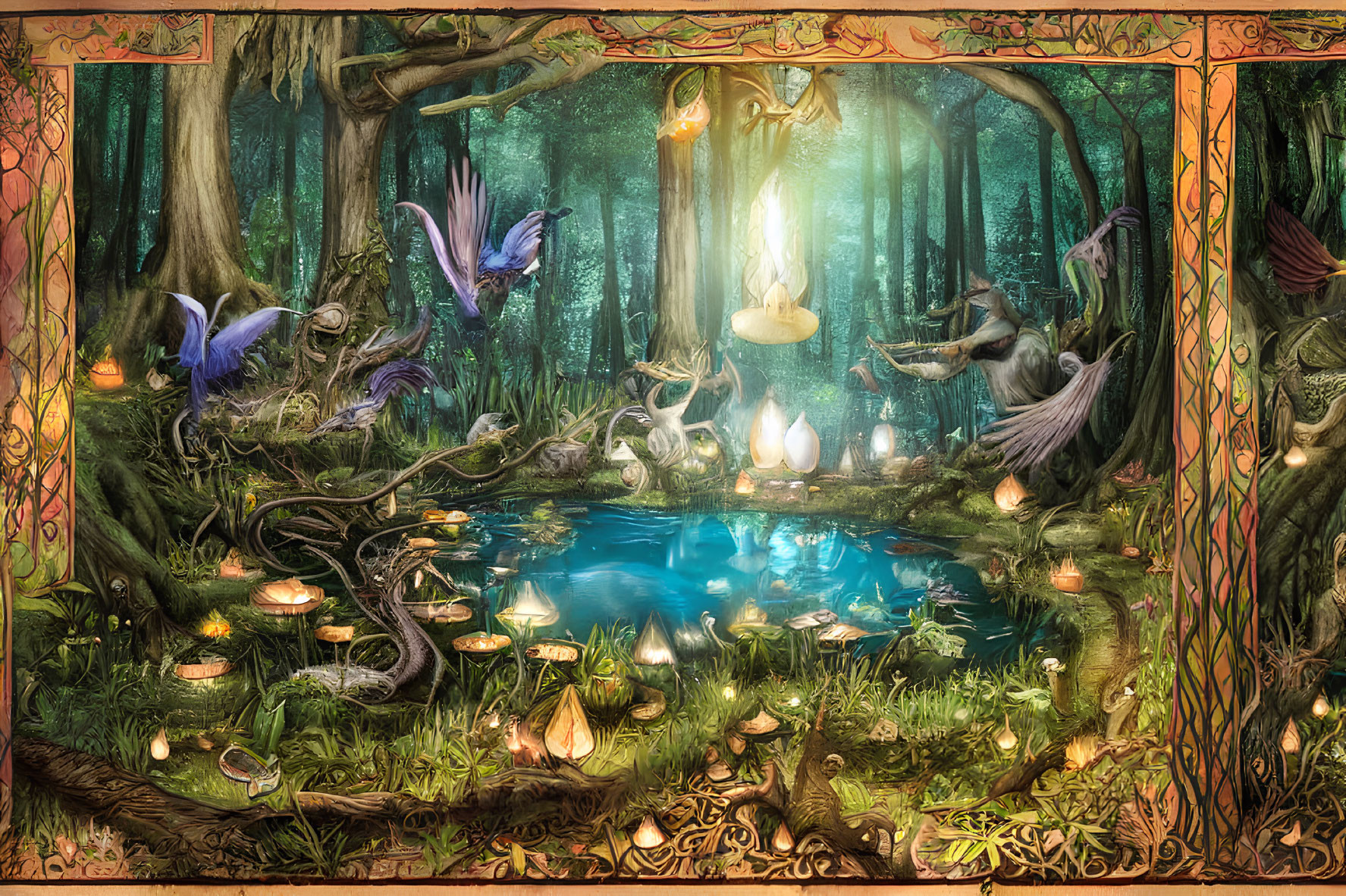 Enchanted forest scene with mythical creatures and glowing pond
