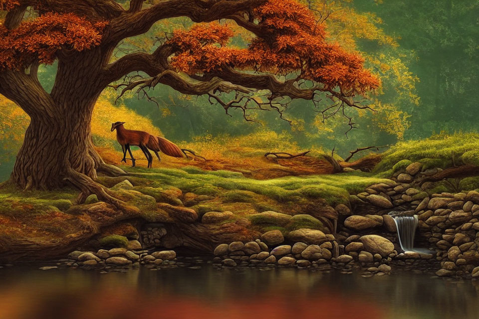 Tranquil stream scene with horse, waterfall, rocks, and autumn tree