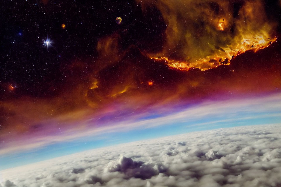 Composite Image: Earth's Horizon with Nebula, Stars, and Planets