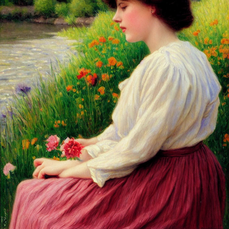 Woman in white blouse and red skirt surrounded by wildflowers holding pink blossoms