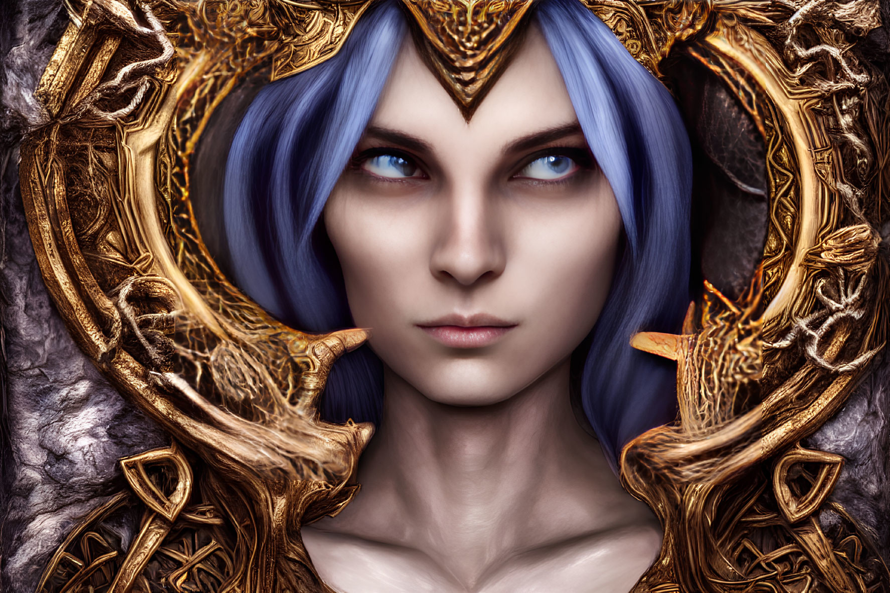 Fantasy character with blue hair and blue eyes in ornate golden frame