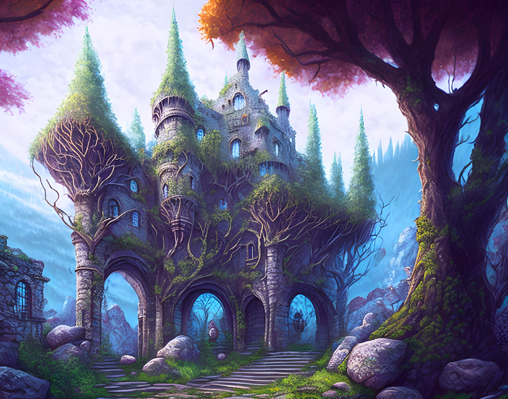Whimsical castle surrounded by trees, stones, and lush vegetation