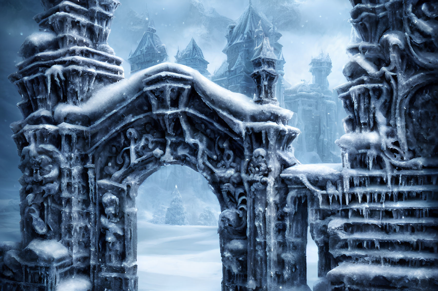 Snow-covered castle entrance under icy archway in wintry blizzard