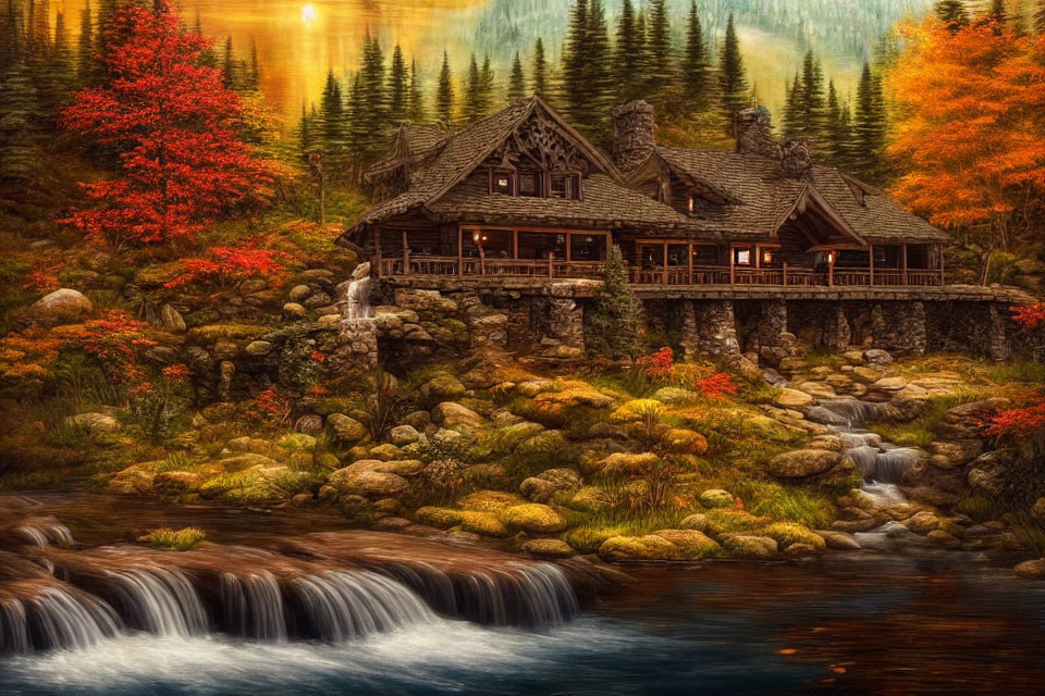 Cozy wooden cabin in autumn forest near stream and waterfall
