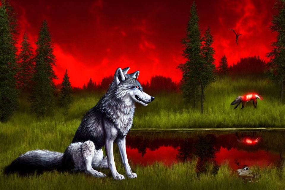 Lone wolf by serene lake under red sky with lightning and bird