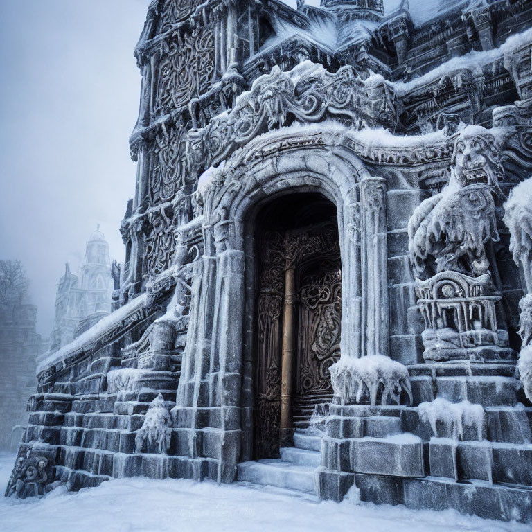 Intricate stone doorway of frost-covered building with snow-draped statues