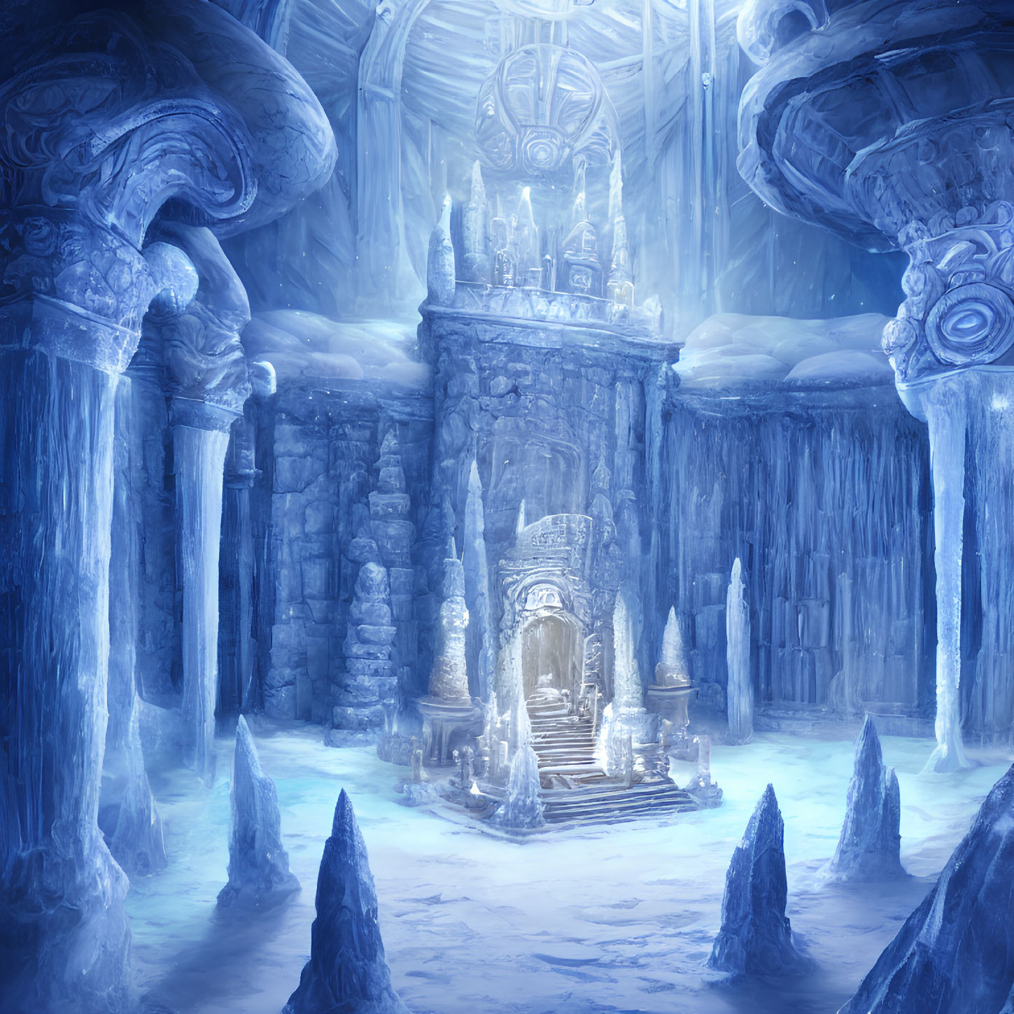 Fantasy palace with frozen pillars, throne, candles in blue hue