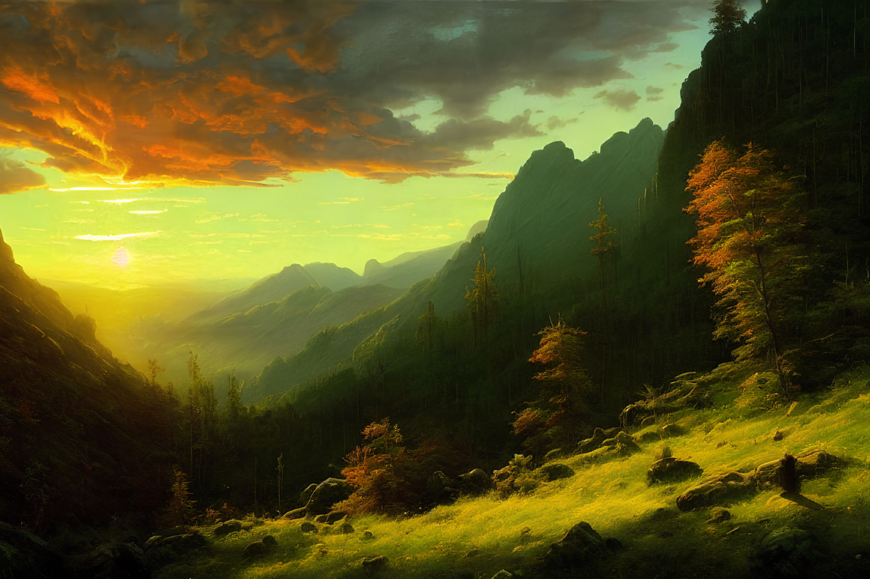 Scenic sunrise over mountain landscape with illuminated foliage