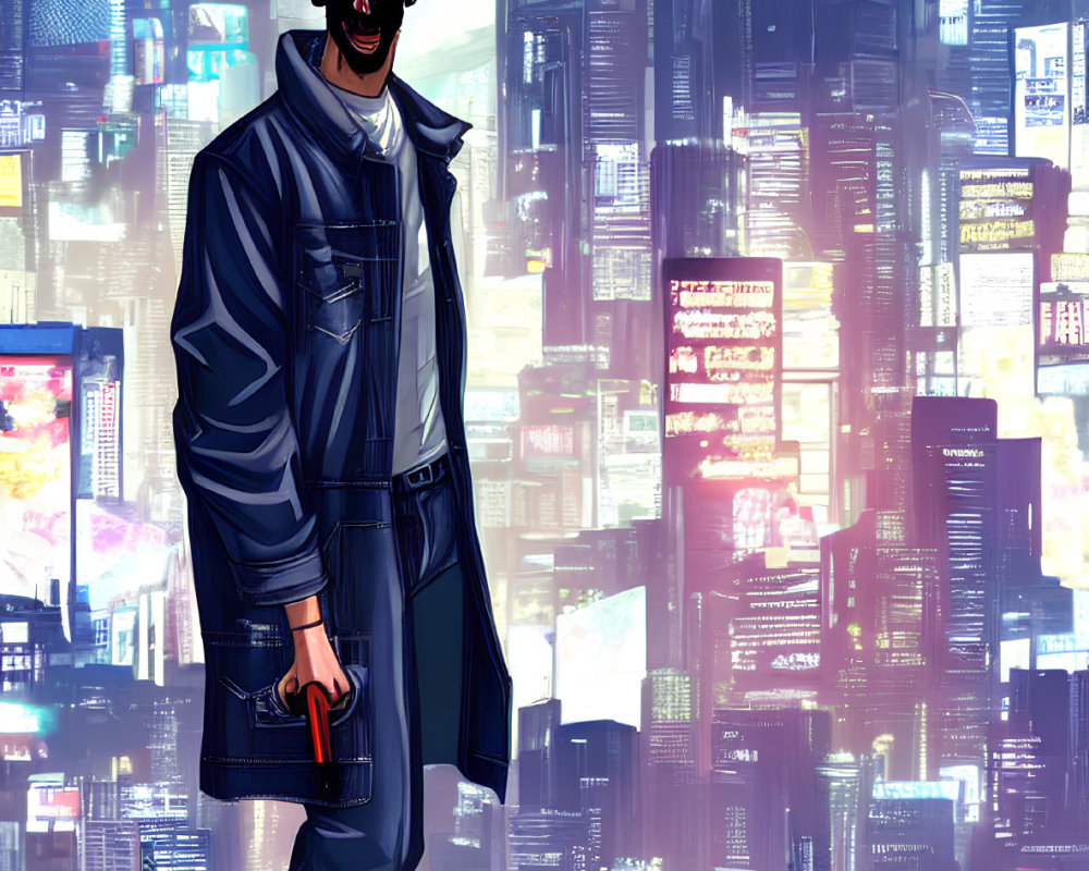 Stylized man in futuristic attire in neon-lit urban nightscape