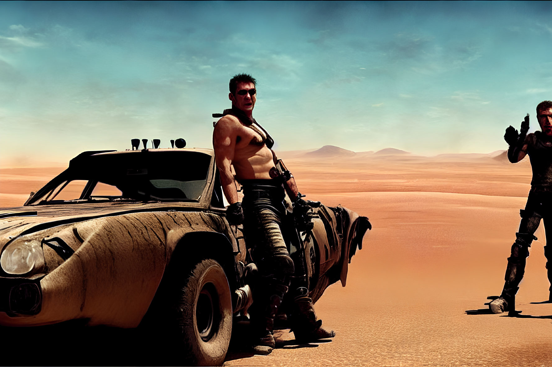 Muscular man with prosthetic arm in desert with rugged vehicle and armed companion