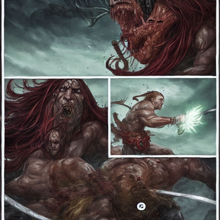 Muscular man battles giant beast with tusks in magical comic scene