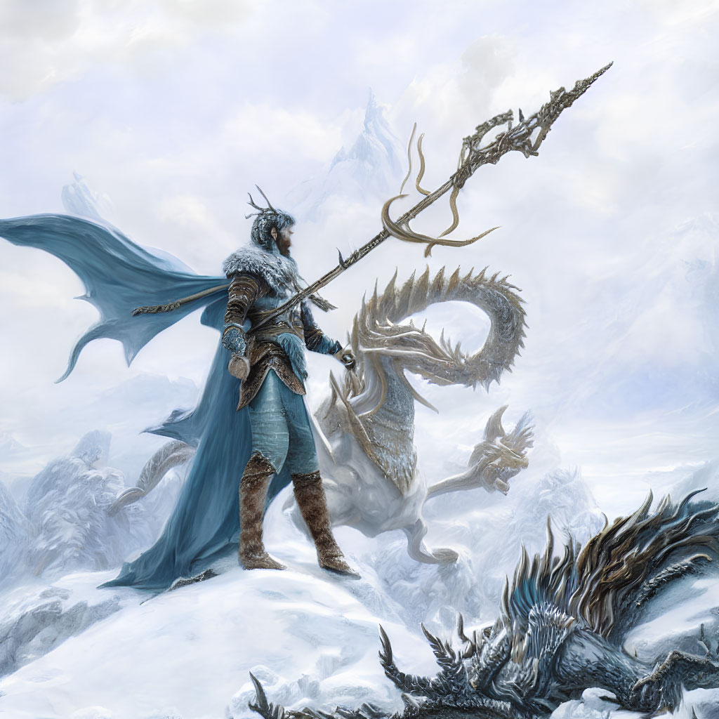 Armored figure with trident confronts dragon in icy landscape