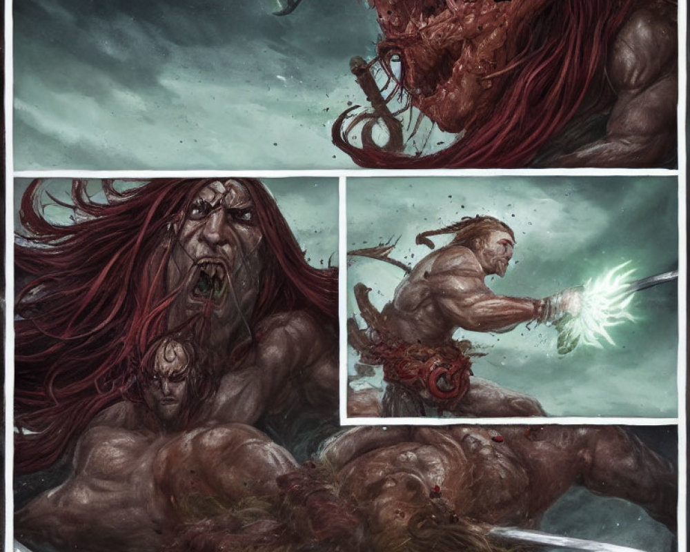 Muscular man battles giant beast with tusks in magical comic scene