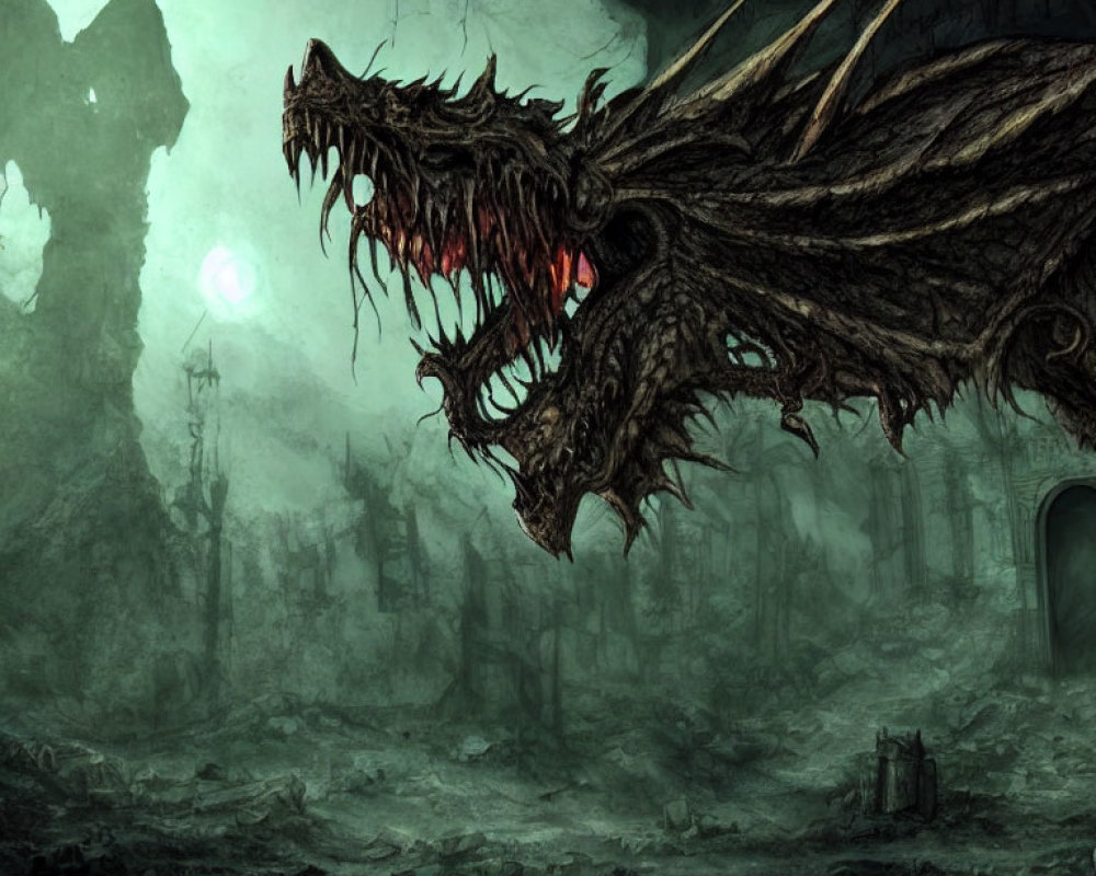 Menacing dragon with glowing red eyes in dark, dystopian landscape