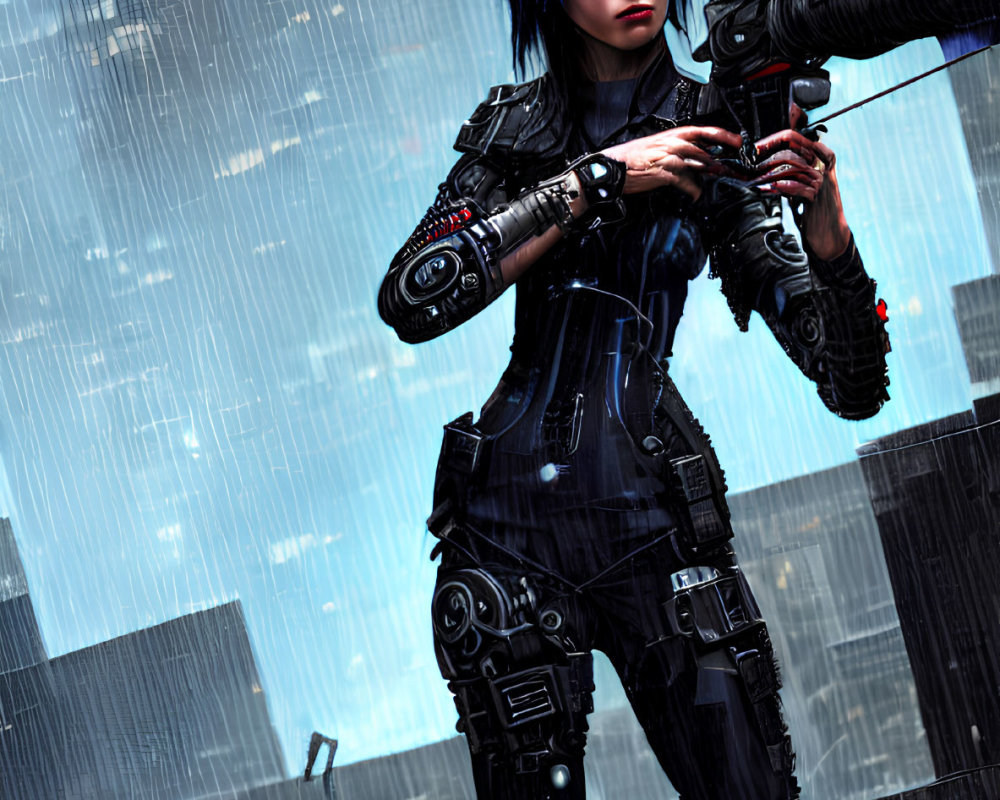 Futuristic female character with blue hair, cybernetic enhancements, holding rifle in rain