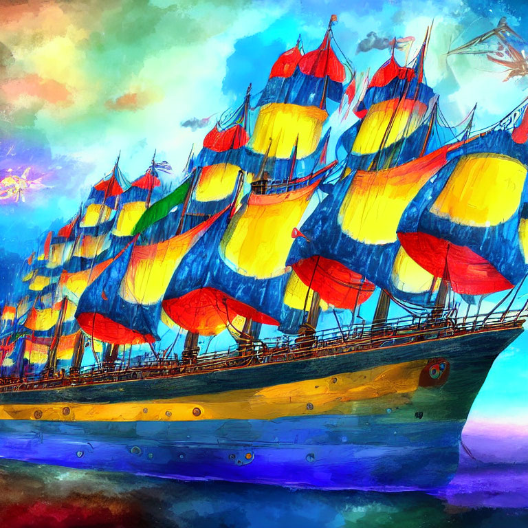 Colorful tall ship painting with multicolored sails and vibrant sky.