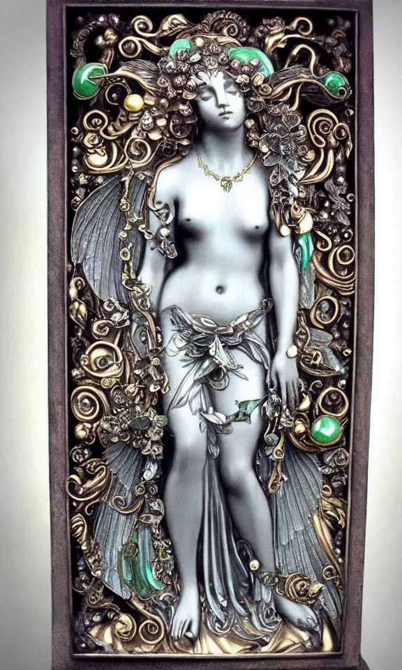 Art Nouveau Winged Female Figure Relief with Foliage and Gem Accents