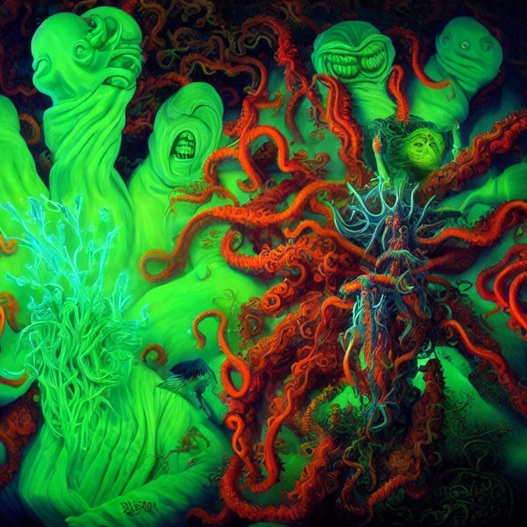 Colorful painting of green and orange tentacled creatures in a dark setting