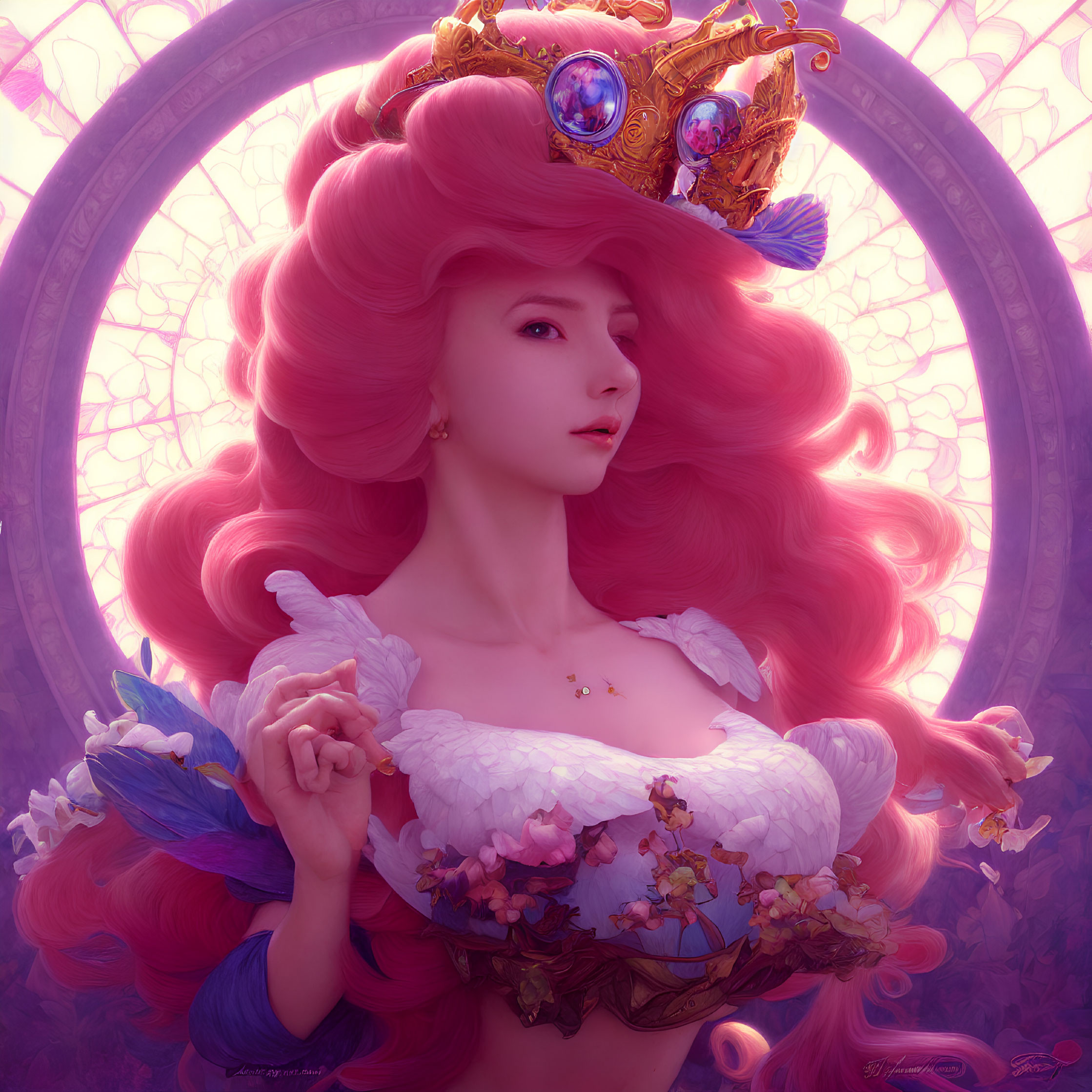 Fantasy queen with pink hair, golden crown, floral dress on pink backdrop