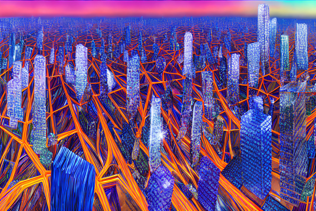 Colorful abstract cityscape with glowing orange structures on blue sky