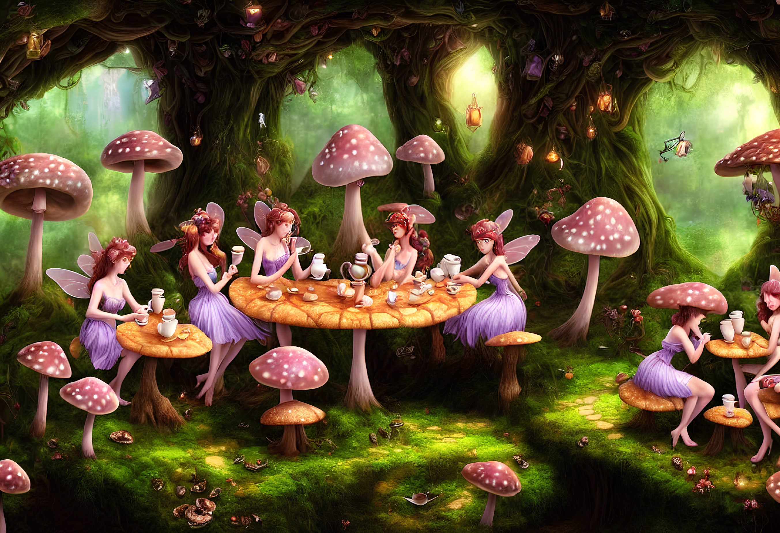 Enchanted forest fairies at mushroom table in vibrant scene