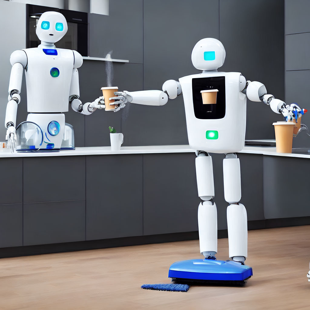 Modern kitchen scene with humanoid robots multitasking in domestic chores