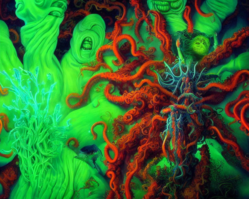 Colorful painting of green and orange tentacled creatures in a dark setting