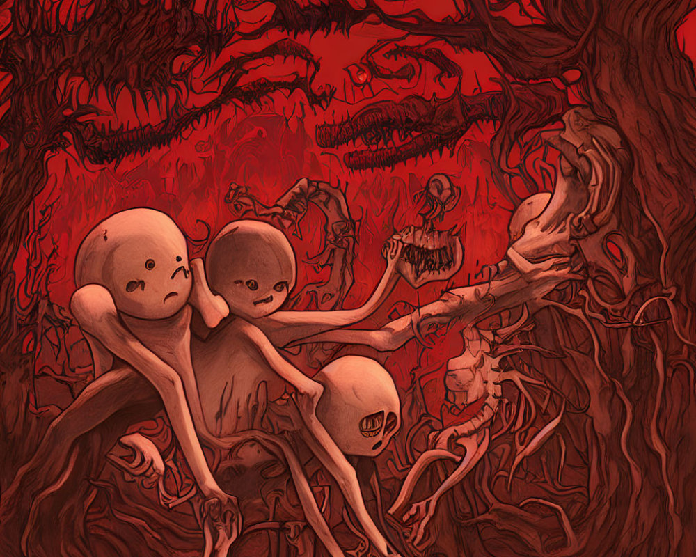 Surreal red-toned illustration of humanoid figures in twisted branches