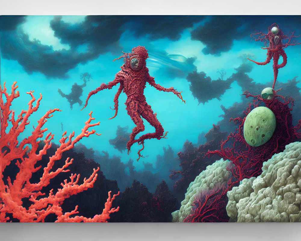 Surreal underwater scene with red coral-like creatures and humanoid figure