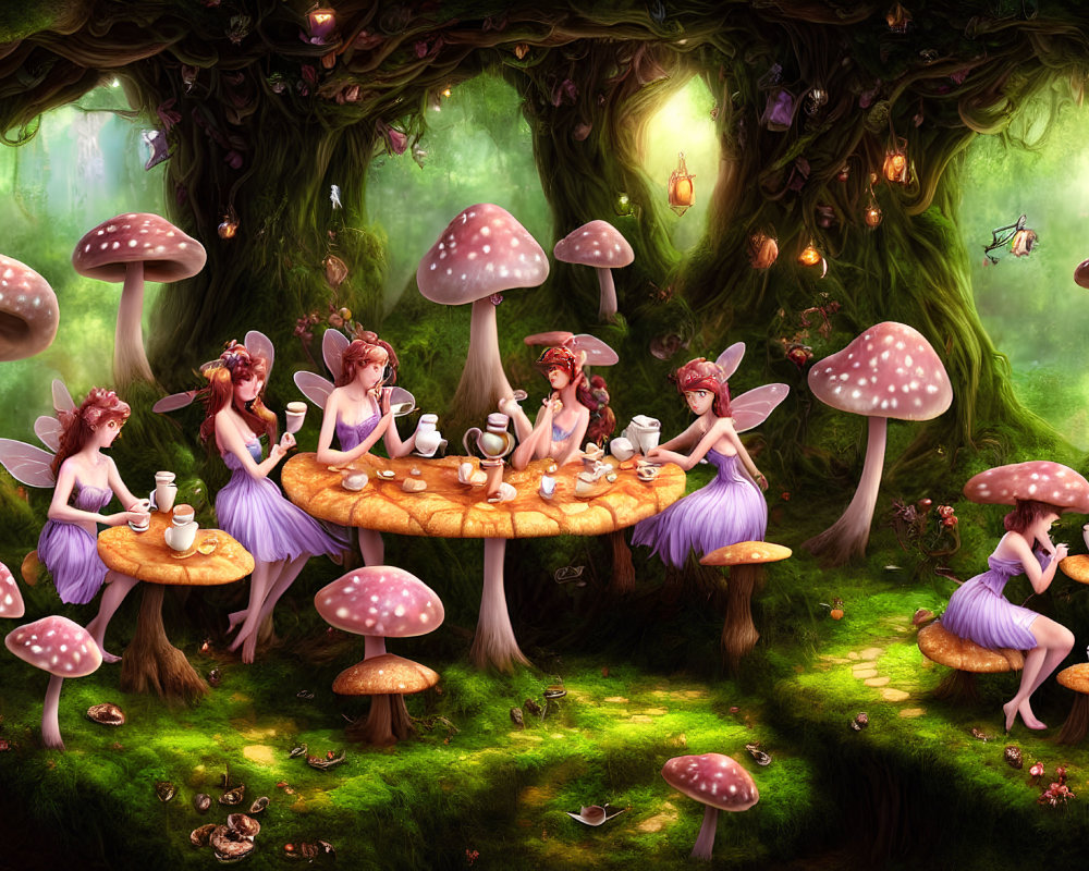 Enchanted forest fairies at mushroom table in vibrant scene